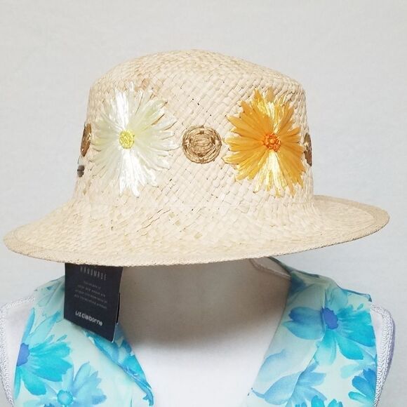DEADSTOCK Vintage 90s Liz Claiborne Floral Straw Daisy Hat Bucket Hat OSFA